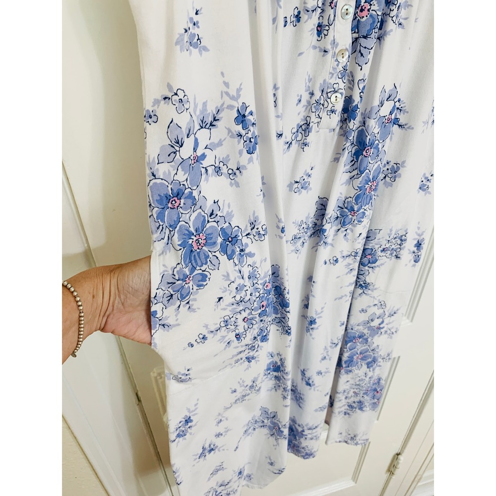 Aria Blue Floral 100% Cotton Jersey Chemise Nightgown S Sleeveless Pockets - Picture 7 of 16
